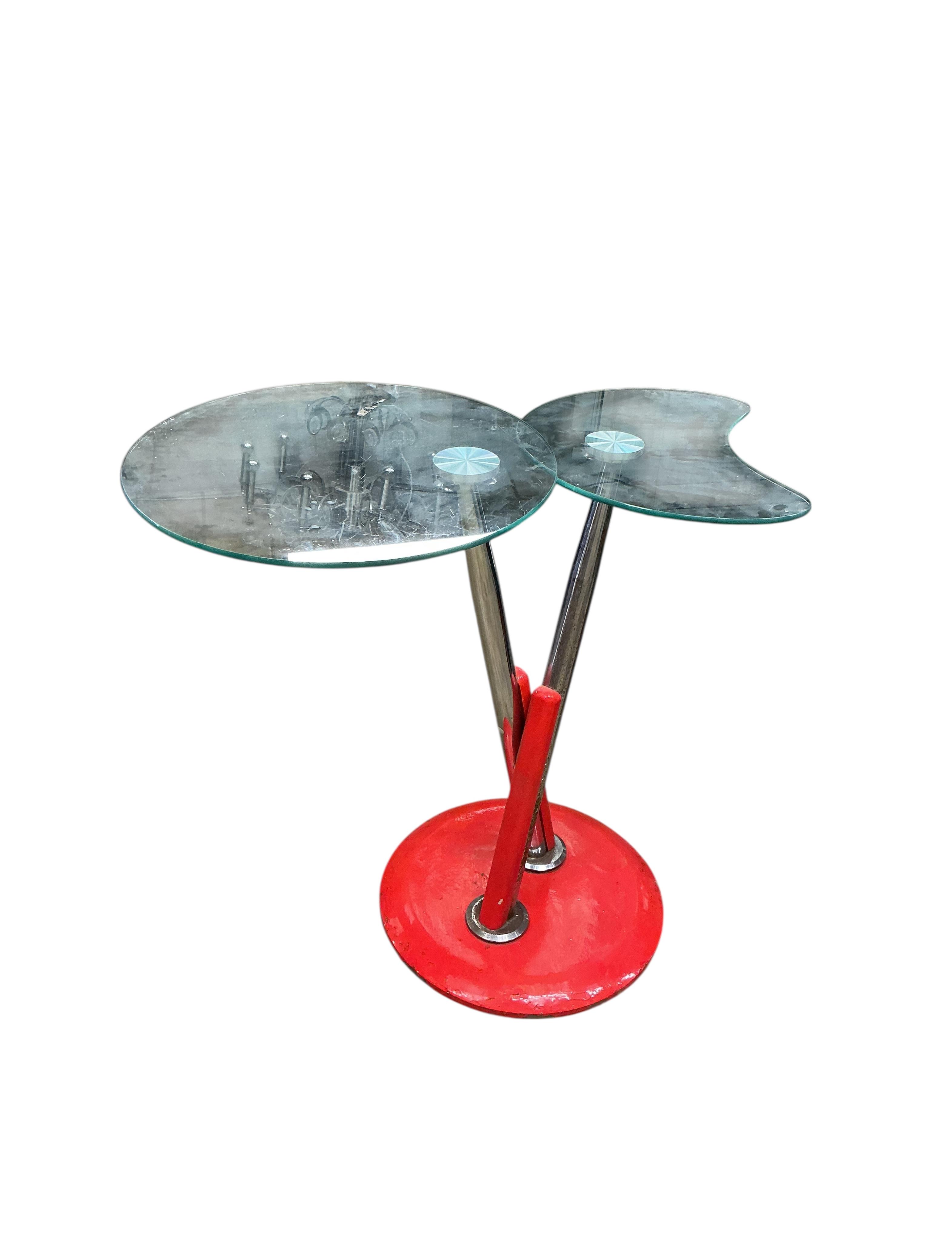 A Contemporary glass top double occasional table, width 106cm, height 100cm